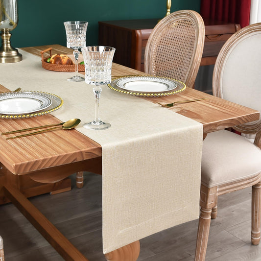 NEWISHER Farmhouse Rustic Table Runner Solid Beige Rectangular Table Runners Faux Linen Table Runner for Everyday Use Kitchen Dining Party Table 13x72 Inch