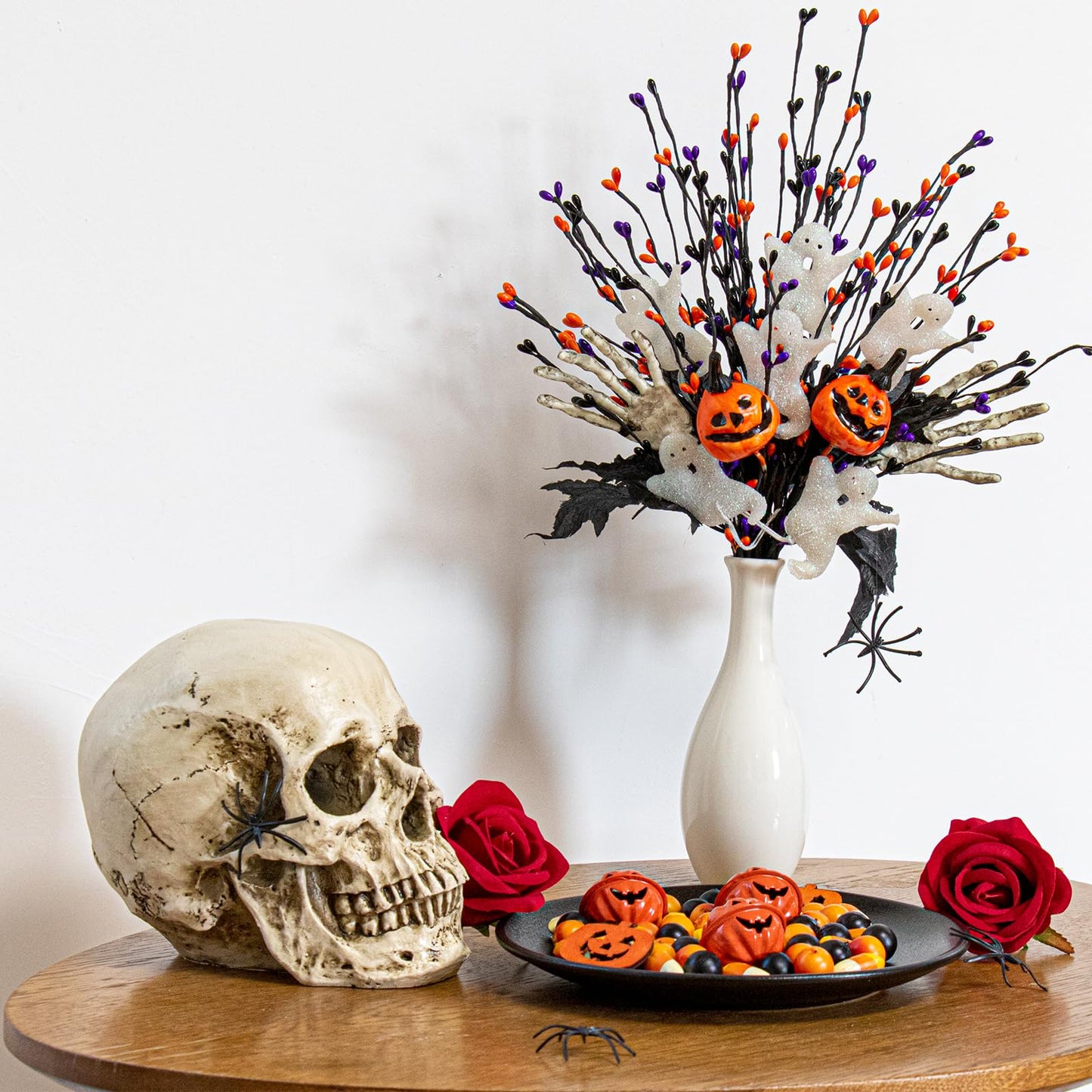 VioletEverGarden 10 Pack Halloween Stems 17 Inch Halloween Floral Picks 3 Styles Berry Branches with Pumpkin Skeleton and Ghost for Gothic Holidays Celebration
