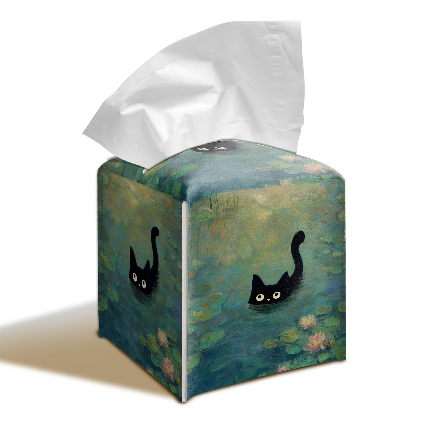 Black Cat Water Lily PU Leather Tissue Box Cover 5.2 Inch