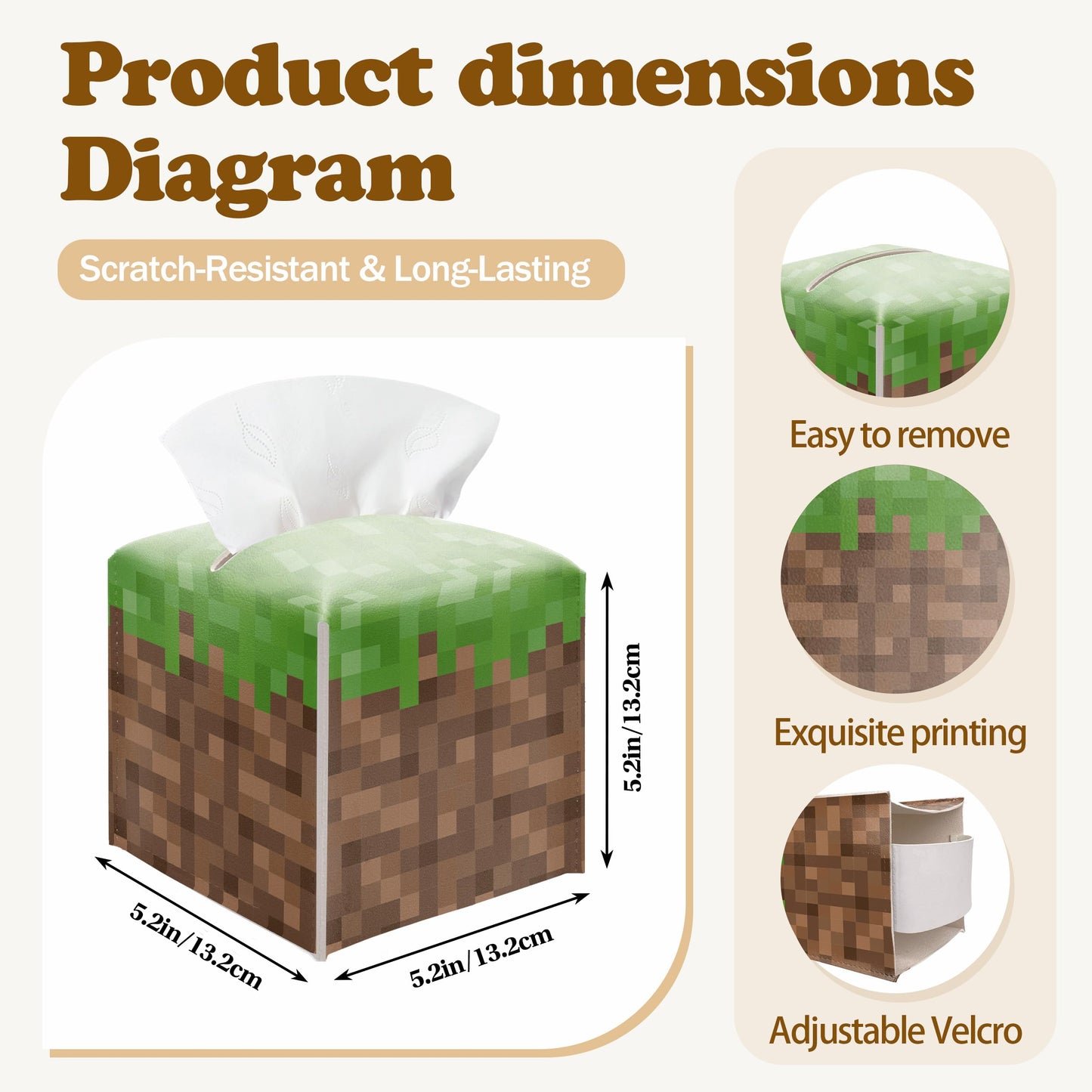 Pixel Grass Block Leather Tissue Box Cover, Square Holder