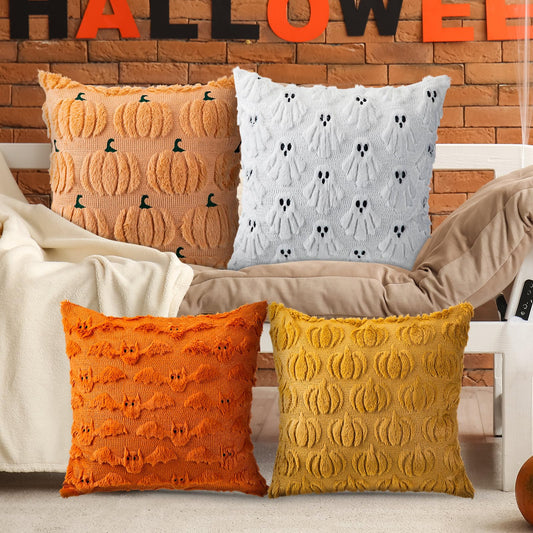 Breling 4 Pack Halloween Throw Covers 18x18 Inch Soft Plush Ghost Bat Fall Pumpkin Faux Fur Wool Couch Cushion Case for Sofa Couch Living Room Halloween Autumn Farmhouse Home Decor