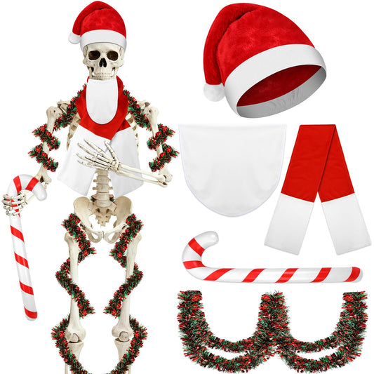 DECYOOL 12 ft Skeleton Santa Outfit, Christmas Skeleton Costume Accessories Set Santa Hat Scarf Beard Tinsel Garlands and Inflatable Candy Cane for Outdoor Indoor Garden Props Festival Decor