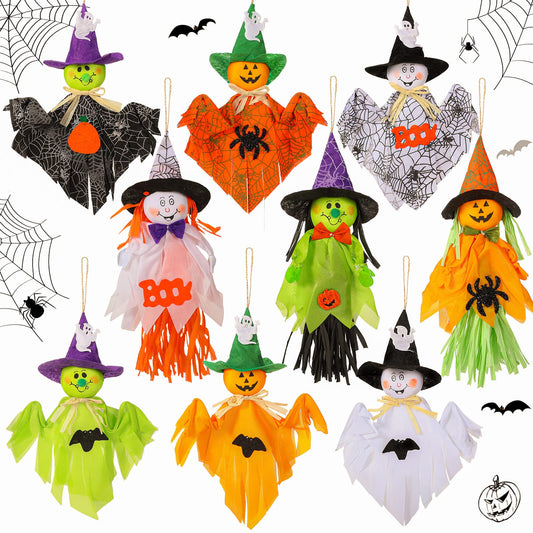 Zomiboo 9 Pack Halloween Decoration Hanging Ghost Pumpkins Decorations Tree Scary Pumpkin Witch Spider Bat Straw Windsock Pendant for Patio Lawn Garden Spooky Party