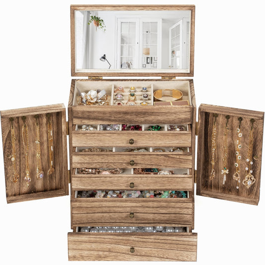 Emfogo Wooden Jewelry Box for Women, 6-Tier Large Jewelry Organizer Boxes with Mirror Rustic Solid Wood jewlery Storage Display for Rings Earrings Necklaces Bracelets watches(Carbonized Black)