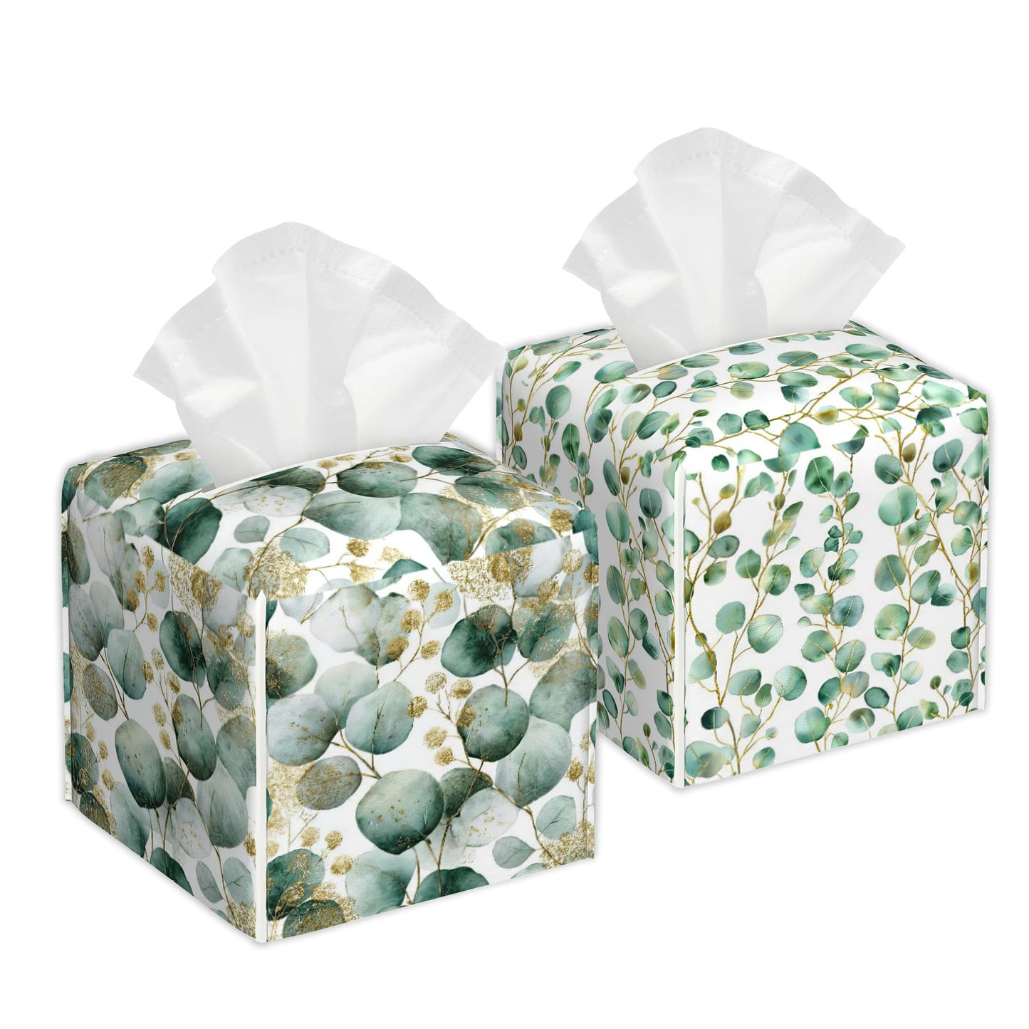 Eucalyptus Leaves Tissue Box Cover 2Pcs PU Leather Tissue Box Holder for Home, Square Tissue Holder for Harvest Autumn Season Halloween Thanksgiving Gift