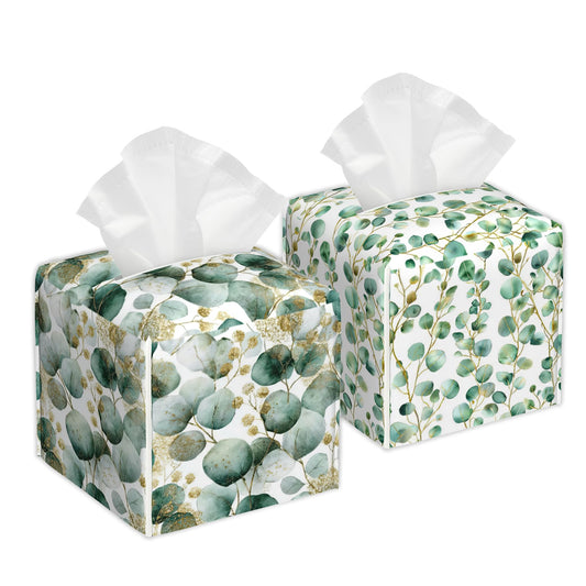 Eucalyptus Leaves Tissue Box Cover 2Pcs PU Leather Tissue Box Holder for Home, Square Tissue Holder for Harvest Autumn Season Halloween Thanksgiving Gift