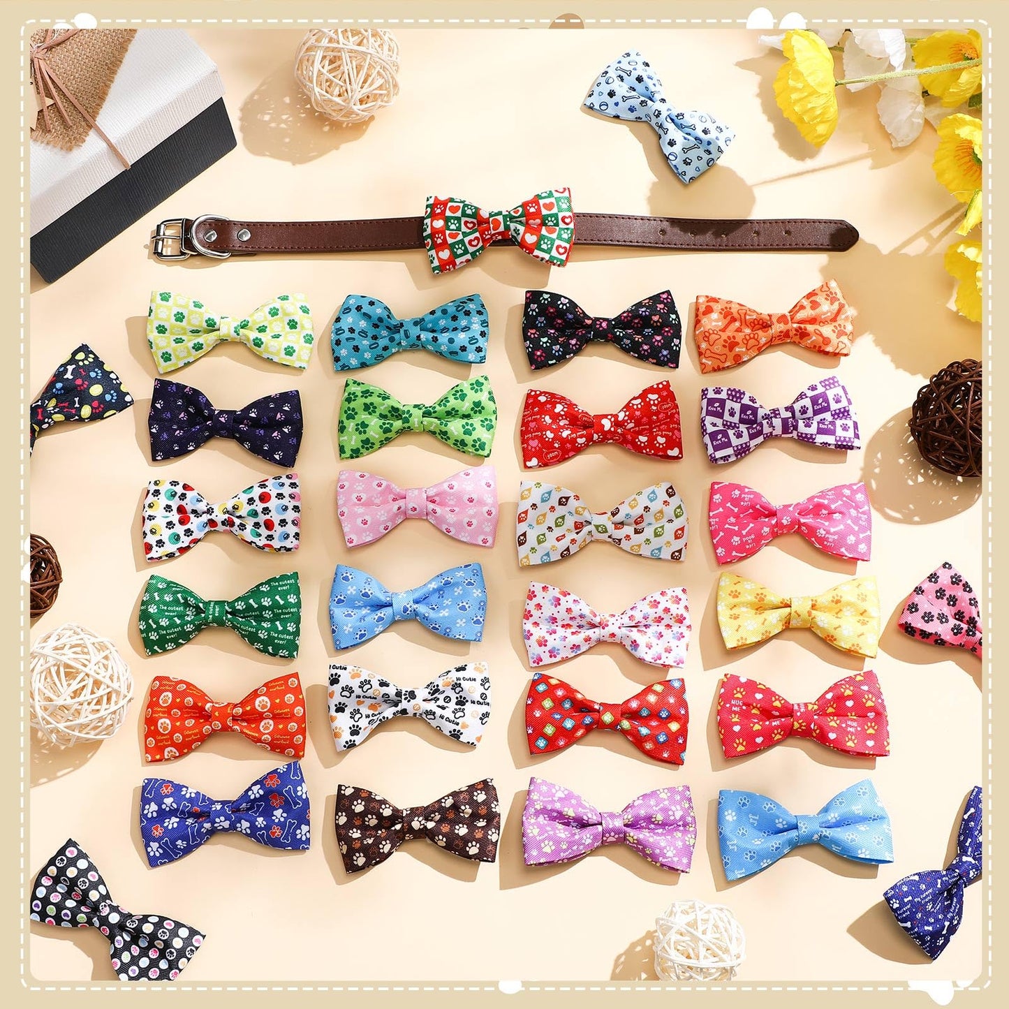 Cosblank 60 Pcs Paw Bone Print Dog Collar Bow Ties Bulk Dog Grooming Supplies Bowtie Accessories Puppy Bows Detachable Collar Charms for Small Medium Large Cat Pet Costume