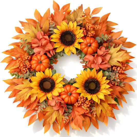 MAINGKAUNG Fall Wreath 22 Inch Fall Wreaths for Front Door with Orange Pumpkins Sunflower Berries Maple Leaf Autumn Wreath for Indoor Outdoor Thanksgiving Harvest Festival Celebrations