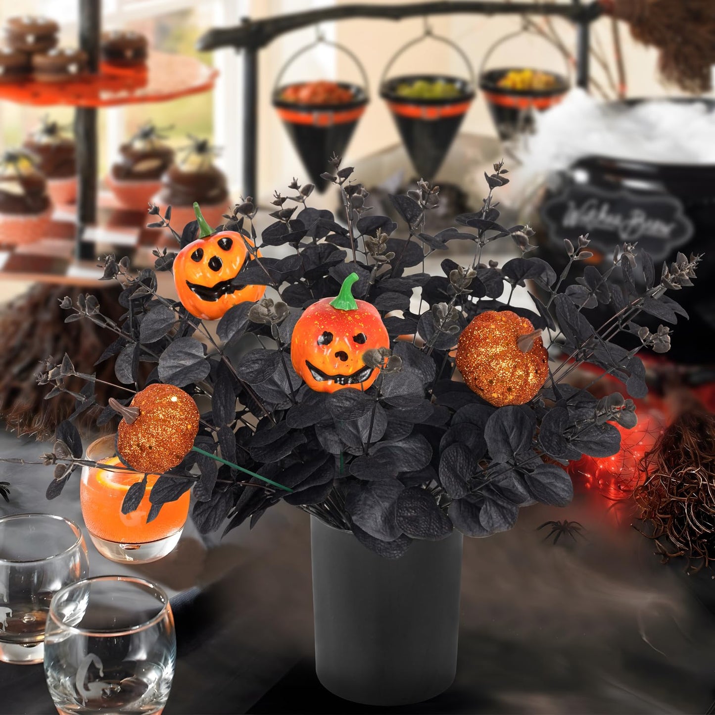 Yen Jean 12PCS Black Halloween Pumpkin Decorations Indoor Artificial Fake Flowers: Eucalyptus Branches Stems Table Centerpieces Decor