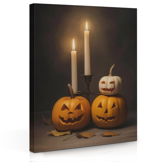 Halloween Framed Canvas Wall Art, Halloween Themed Artwork for Walls, Candle Pictures Wall Decor, Vintage Halloweens Pumpkin Decor for Gallery Living Room Office, 15 x 11.4 inch