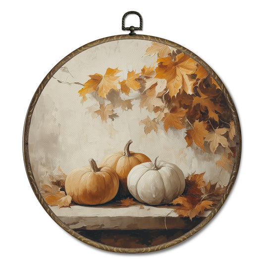OINDADE Vintage Pumpkin Fall Leaves Round Wall Art Decor, Fall Pumpkin Maple Leaves Wall Art Hanging Decor, Vintage Rustic Autumn Framed Canvas Artwork for Home Living Room Farmhouse, 10x10in