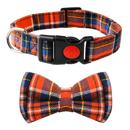 Dog Bow Tie, TAGATMI Plaid Bow Tie Dog Collar Unique Lock Buckle Soft Comfortable, Adjustable Comfy Bowtie for Small Medium Large Dogs Cats Pets Durable Cotton Best Gift Bowtie Detachable Orange M
