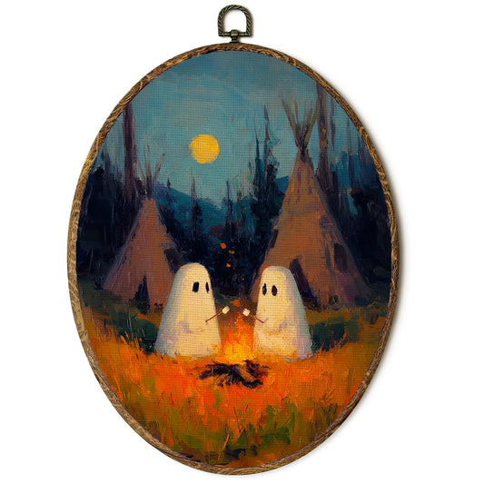 Lengues Camping Fall Halloween Ghosts Oval Wall Art, Gothic Halloween Oval Hanging Wall Decor, Dark Academia Canvas Framed Art Print, Cottagecore Ghost Hanging Frame for Room Decor 8.5x11.5 Inch