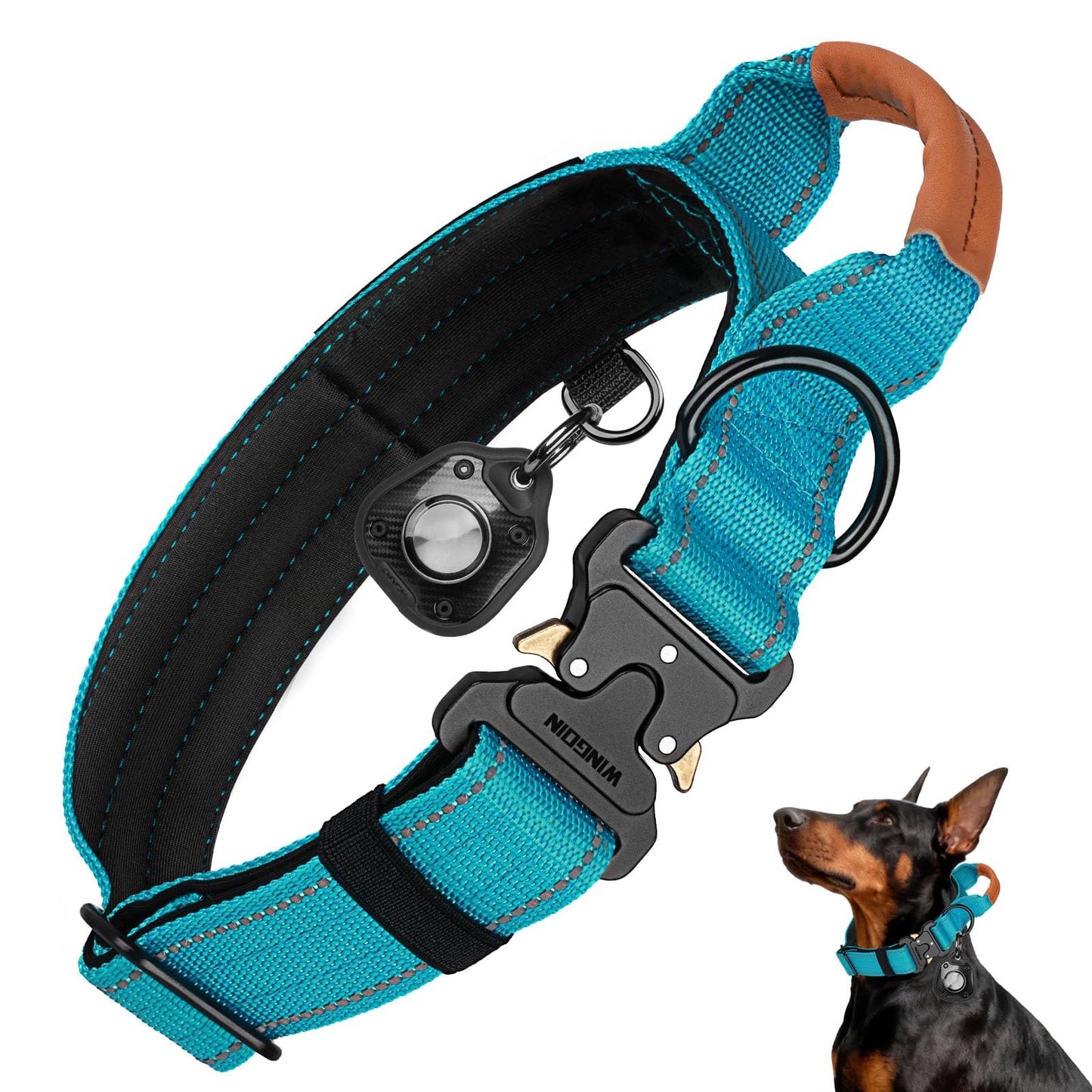 WINGOIN Tactical Dog Collar with AirTag Holder, Heavy Duty Reflective Padded Nylon Collar for Large Dogs, Quick Release Metal Buckle, Dogcollar for Training Walking Hunting, IPX5 Waterproof, Blue,L