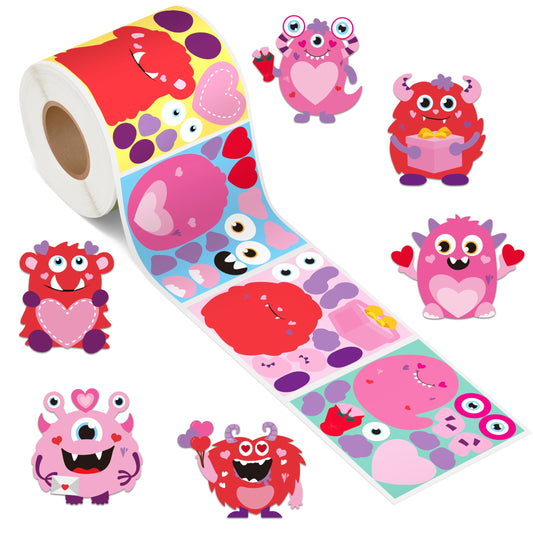 ANGOLIO 300Pcs Valentine's Day Monster Make a Face Stickers Roll Make Your Own Valentine Monster Stickers Label Waterproof Vinyl Decals for Greeting Cards Party Decor Candies Bags Gift