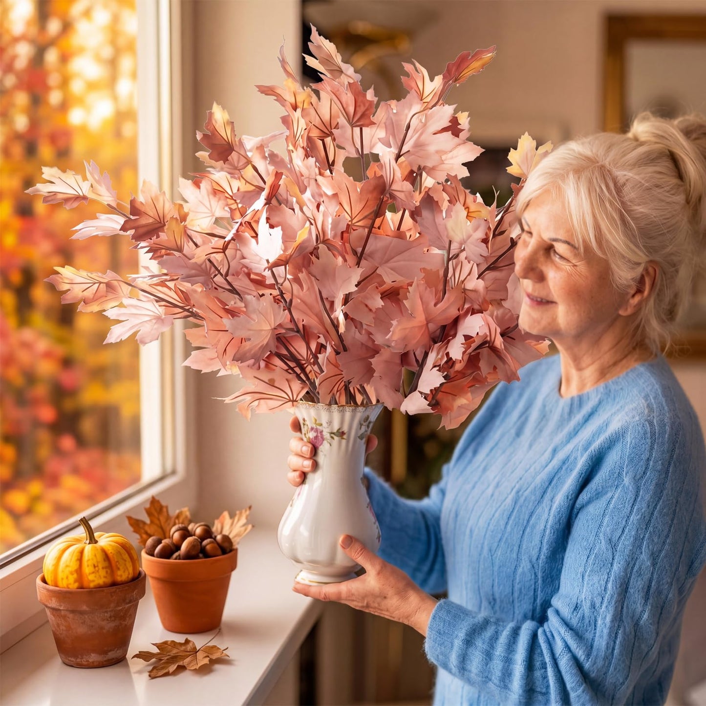 Suncalla 12 Pcs Fall Artificial Maple Leaves Stems, 37 Inch Neutral Fake Autumn Maple Foliage Branch for Thanksgiving Table Centerpiece, Boho Halloween Farmhouse Vase Filler(Dusty Blush Pink)