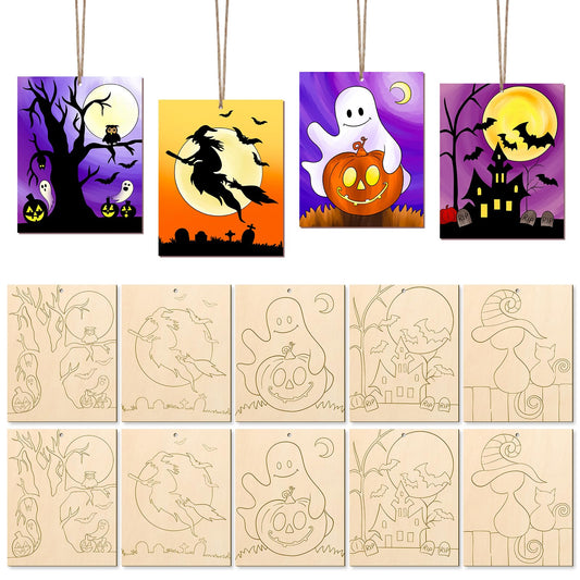 COCHIE 10PCS Large Halloween Unfinished Wood Crafts to Paint for Adults, Bulk Predrilled Wooden Ornaments for Painting, Ghost Witch Bats Paintable Wood Slices Craft Supplies with Ropes