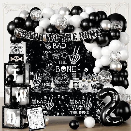 cocomigo Bad Two the Bone Party Decorations Boy for 25 Guests, 292PCS Cute Skeleton-Themed Black White All-in-One 2nd Birthday Decorations, with Balloon Arch Plates Banner Cake Topper & Centerpieces