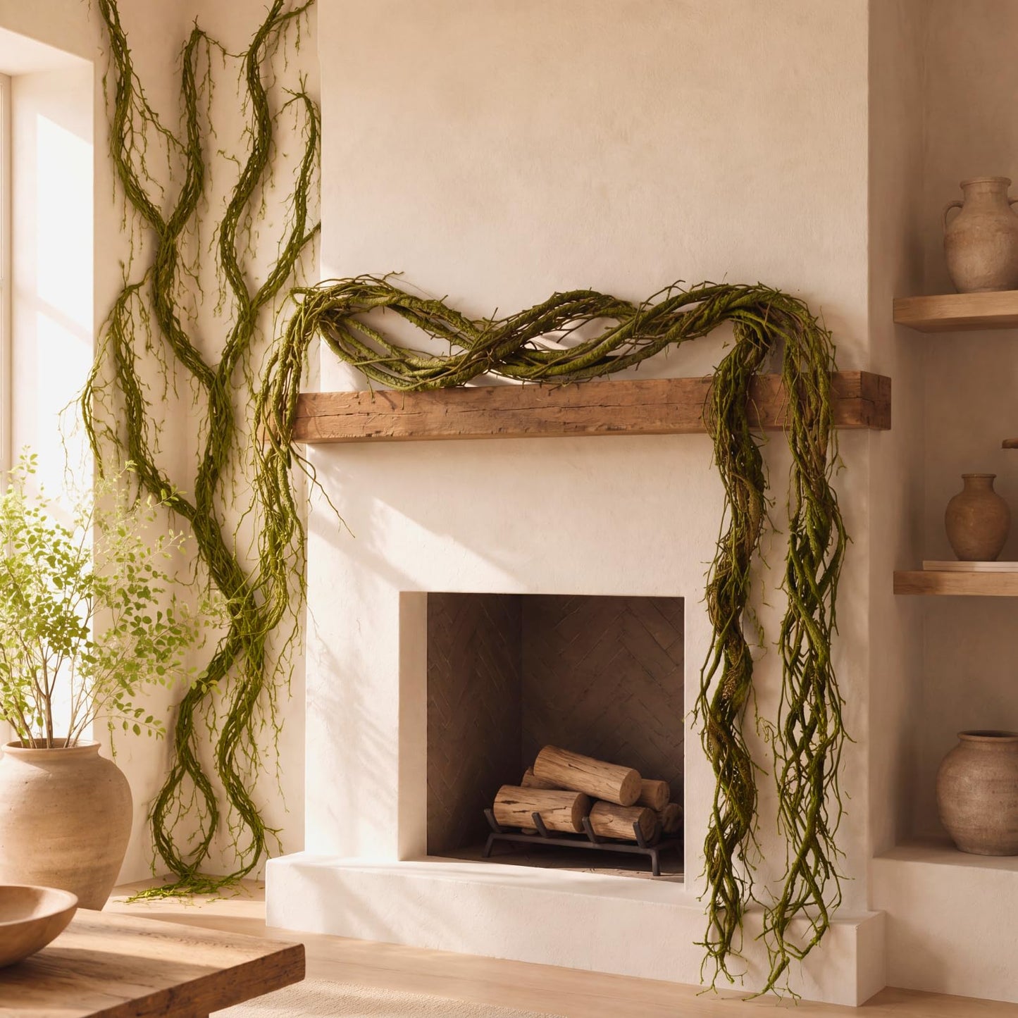 Suncalla 4 Pcs 118 inch Flexible Artificial Tree Branches Halloween Fake Bendable Trunk Grapevine Garland Twig Rattan Wreath Cherry Grape Vine for Wall Hanging Front Door Reptile Habitat Decor(Green)