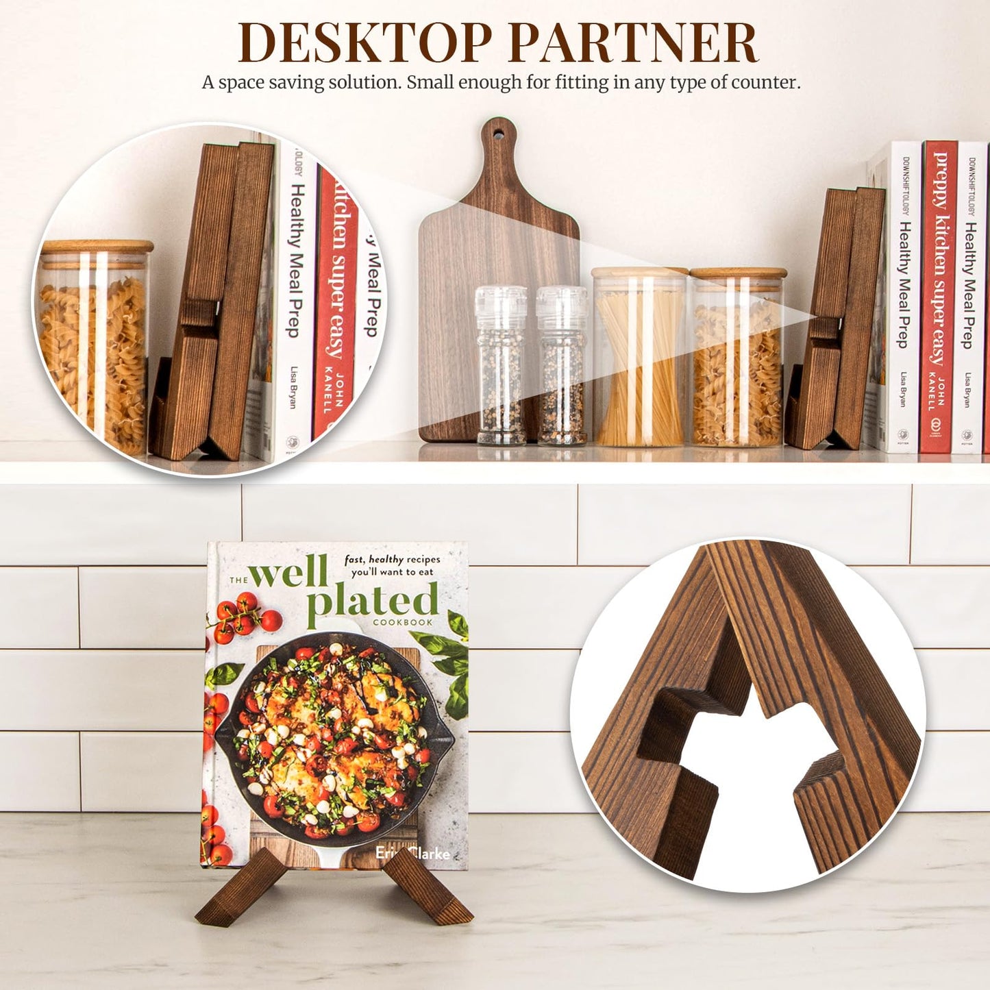 PUERSI Cookbook Stand for Kitchen, Recipe Book Holder for Kitchen Counter, Wooden Cookbook Holder, Rustic Cook Book Holder Stand - Rustic Brown - 1 Set