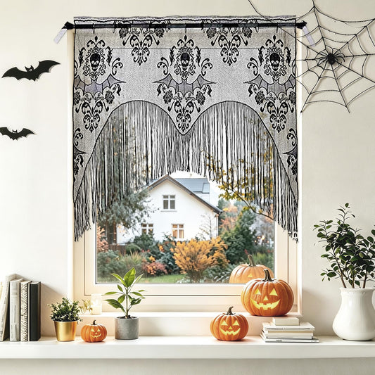 ZeeDix 2 Pcs Halloween Lace Skull Window Curtain- Black Tassel Door Curtain for Halloween Home Party Decorations, Party Supplies