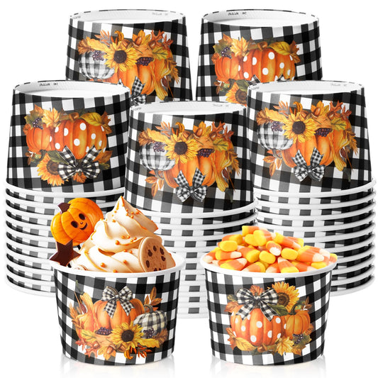 Sabary 60 Pieces 9 oz Fall Disposable Paper Bowls Thanksgiving Treat Snack Cups Pumpkin Paper Candy Dessert Bowls Buffalo Plaid Soup Cups Harvest Thanksgiving Party Supplies for Hot Cold Food