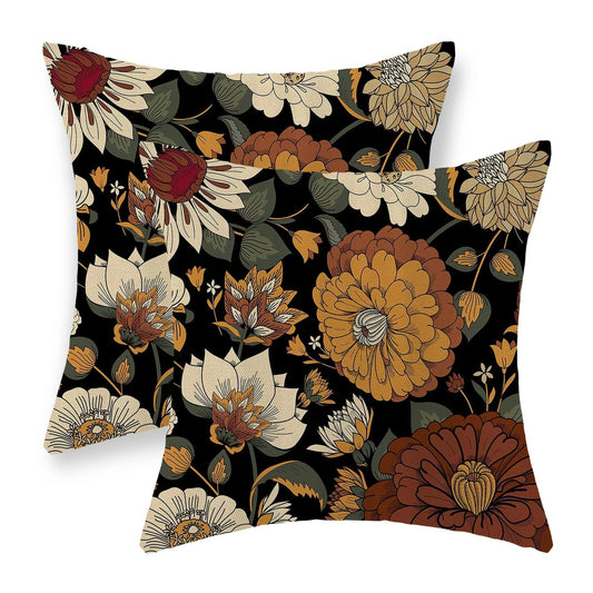 Spring Summer Pillow Covers 18x18 Inch Set of 2, Vintage Boho Floral Throw Pillows Botanical Tropical Leaves Pillowcase Bohemian Outdoor Decorative Linen Black Cushion Case for Couch Home Decor