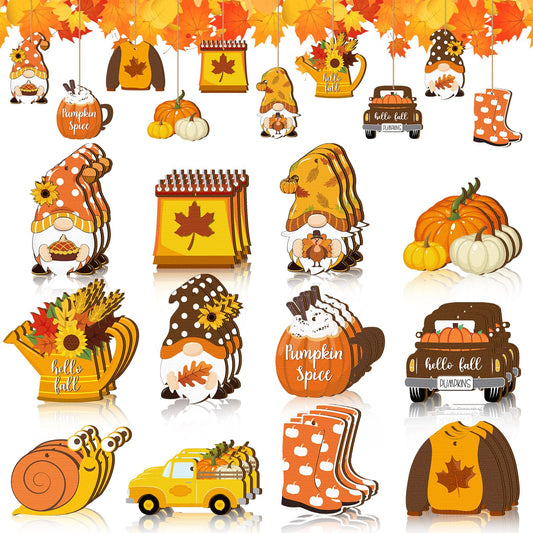 Maitys 36 Pcs Fall Tree Ornaments Thanksgiving Hanging Decorations Vintage Pumpkin Gnome Leaf Wood Cutouts Autumn Harvest Party Favor Gift Holiday Office Tree Home Decorations Supplies(Fall)