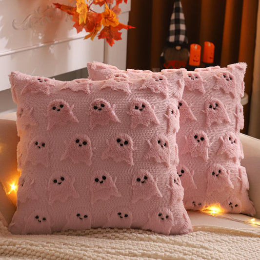 LUOYEHK Halloween Pillow Covers 18x18 Inch Set of 2 Pink Ghost Decorative Pillow Cases Holiday Soft Plush Faux Fur Cushion Covers for Couch Sofa Bed
