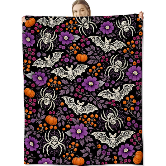 cromcu Halloween Bat Blanket Soft Lightweight, Gothic Spider Pumpkin Floral Flannel Throw Blankets for Bed Sofa Office RV Travel Bathroom Home Spooky Purple Decor, Goth Lovers Gifts 60"X50"
