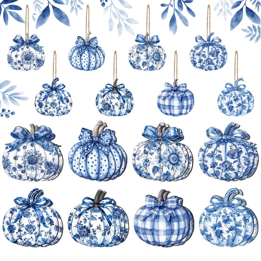 JarThenaAMCS 24 Pcs Fall Porcelain Pumpkin Ornament Vintage Blue White Floral Flower Pumpkin Wooden Sign Hanging Plaque for Autumn Thanksgiving Home Wall Decor