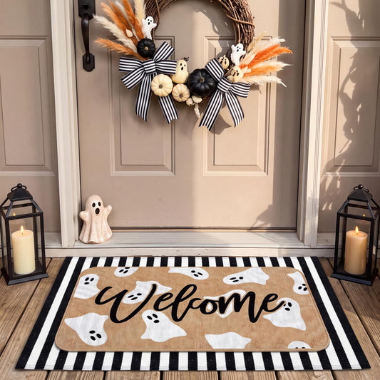 Tinideya 2 Pcs Halloween Doormats Spooky Ghost Welcome Outdoor Door Mats Layered Front Door Rugs Non Slip Floor Mats for Porch Entryway Indoor Outdoor