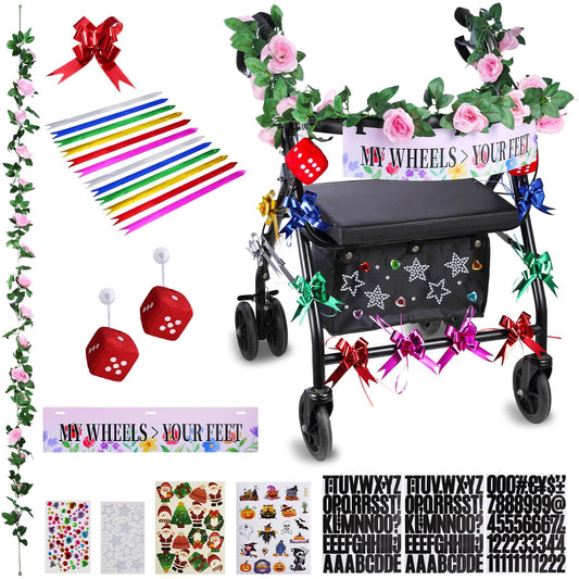 Walker Rollator Decorations Kit for Seniors Adults Women, Funny DIY Decor Accessories Set for Rolling Walkers, Mobility Aid, Christmas, Halloween, Holiday & Daily Use Décor with Name Plate, Plush Dice