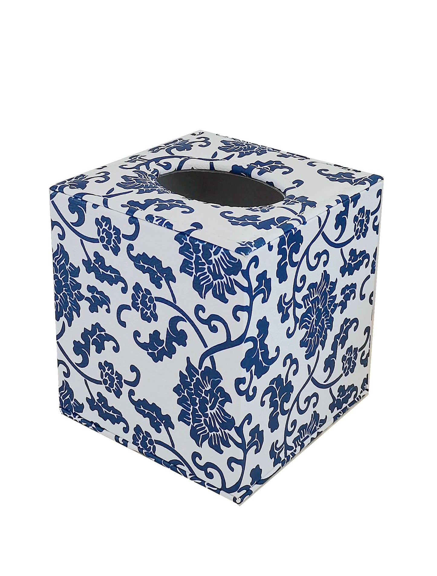 S Forever Home Decor Flower Pattern Faux Leather Tissue Box Cover (Square,Blue and White Porcelain)