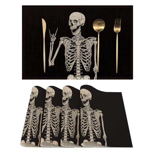 Placemats-Funny Skull Skeleton Linen Table Place Mats Set of 4 Non-Slip Heat Resistant Table Mats for Dining Kitchen Cabin Decor 12x18 Inch