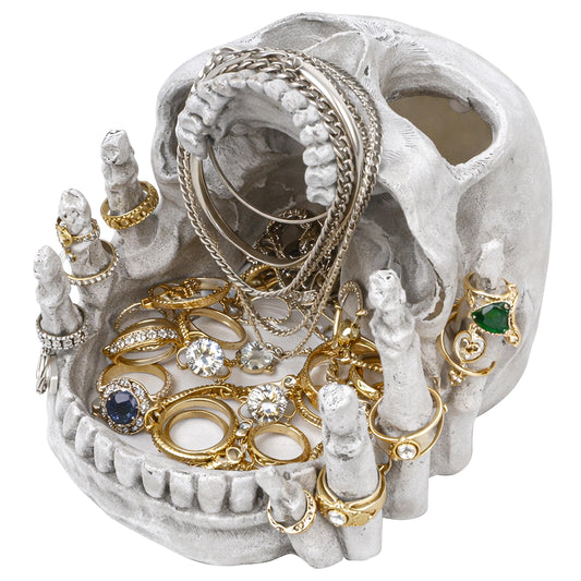 Resin Skull Shaped Jewelry Holder for Ring & Charm, Gothic Skull Decorative Storage for Earring Trinket, White Dark Aesthetic Halloween Decor, Shelf Display Gift for Bedroom, Living Room Home Office