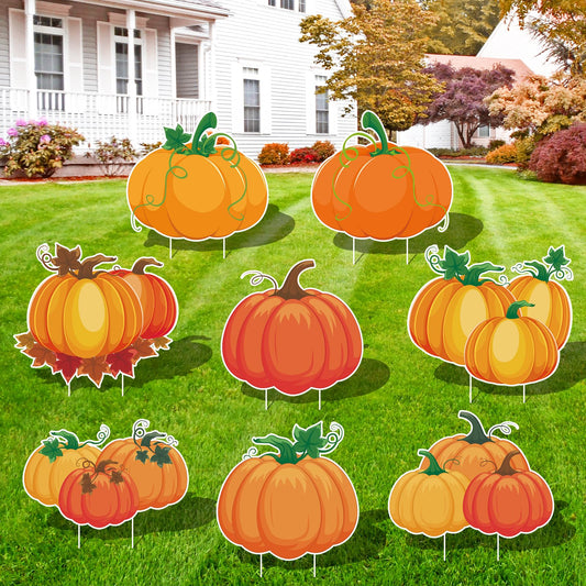 Arosche Fall Yard Signs with Stakes 8pcs Happy Fall Thanksgiving Decorations Outdoor Orange Pumpkins Harvest Garden Wall Porch Signs Seasonal Holiday Party Supplies Lawn Yard Decorations