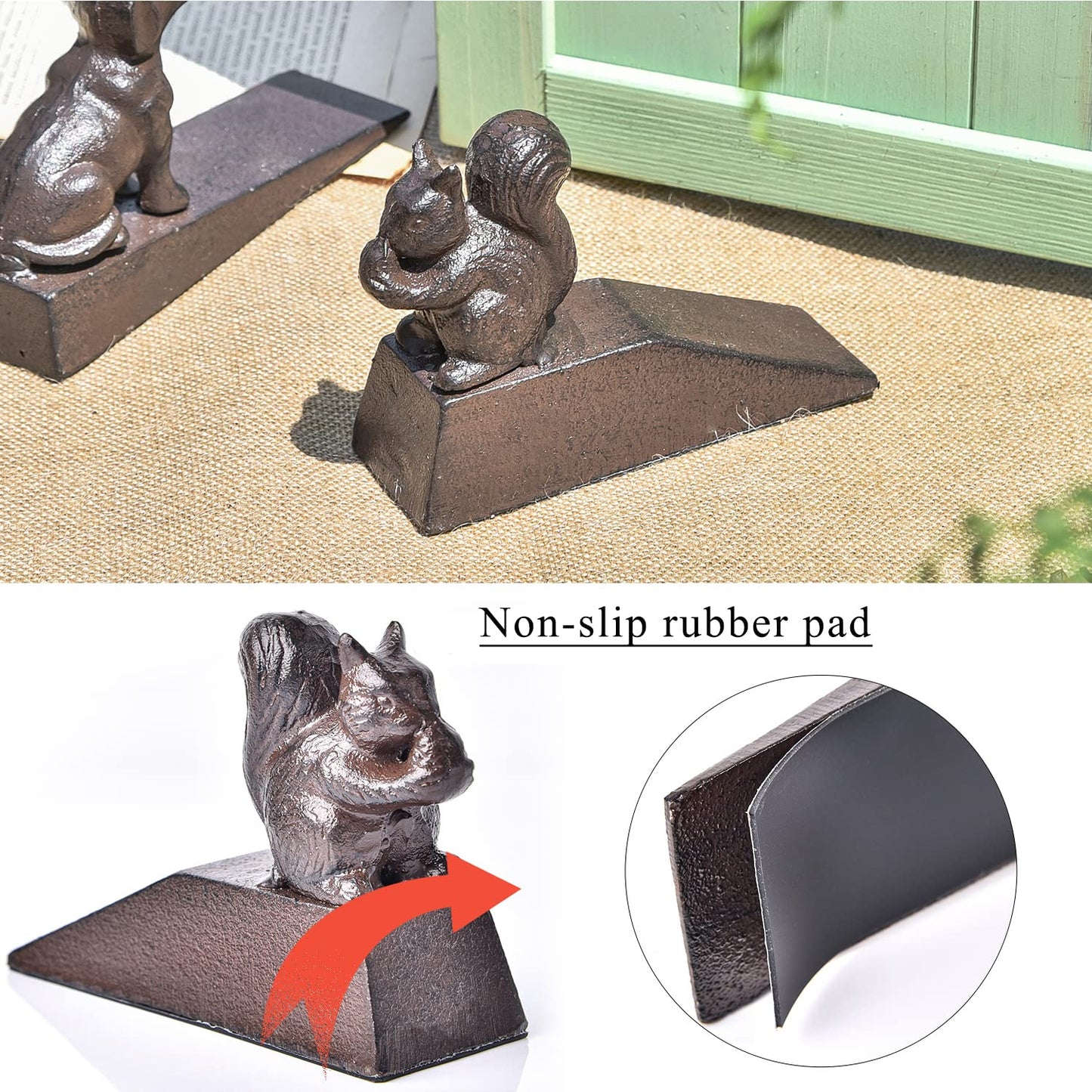 Sungmor Heavy Duty Cast Iron Squirrel Door Stops | Decorative Cute Animal Statue Metal Door Stopper Wedge with Non-Slip Mat | Solid & Antique Style Windproof Door Holder for Patio Garden Farmhouse