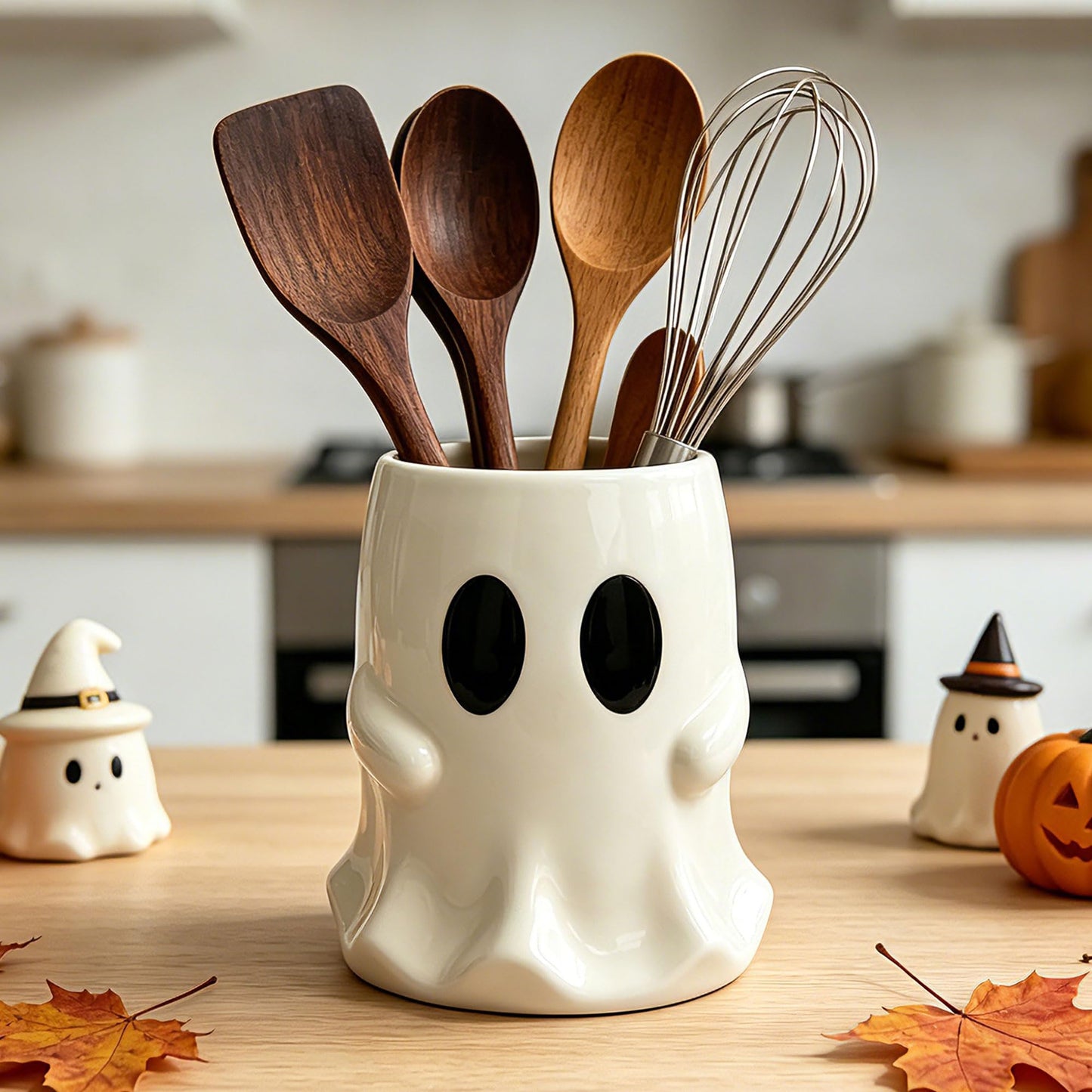 pinata Halloween Kitchen Decor Ceramic Ghost Utensil Holder, Cute Halloween Utensils Holder, Ceramic Utensils Crock for Rustic Farmhouse Indoor Kitchen Decorations(6.3 Inches)