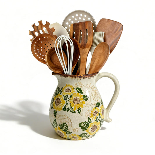 Ceramic Utensil Holder for Kitchen Counter, 6.1 Inch Modern Farmhouse Rustic Cooking Utensil Holder for Countertop Home Decor, Vintage Utensil Organizer Crock for Cooking & Spoon Tools (Sunflower)