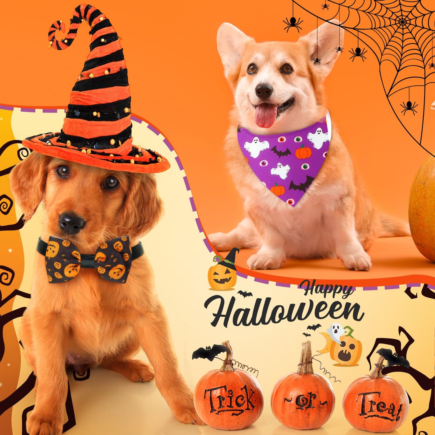 Sanwuta 100 Pcs Halloween Dog Bandanas Bulk and Collar Bow Ties Set 50 Bandanas 50 Charm Dog Collar Pet Ghost Pumpkin Spider Bones Triangle Pet Scarf Bowtie for Small Medium Large Costume