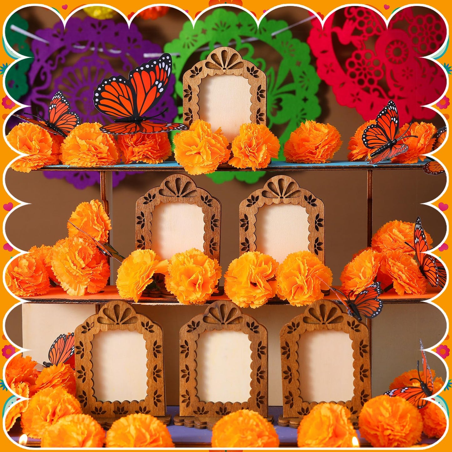 Thyle 60 Pcs Dia De Los Muertos Decorations Picture Frames Kits Day of The Dead Ofrenda Altar with 10 Wooden Photo Frames 30 Artificial Marigold Flower 20 Butterfly for Day of The Dead Decoration