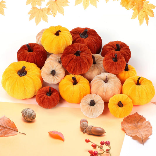 Lonfliness 18Pcs Fall Velvet Pumpkin Harvest Decoration Assorted Faux Orange Brown Yellow Small Fabric Foam Pumpkin for Autumn Thanksgiving Farmhouse Table Centerpiece Halloween Mantel Party Favor