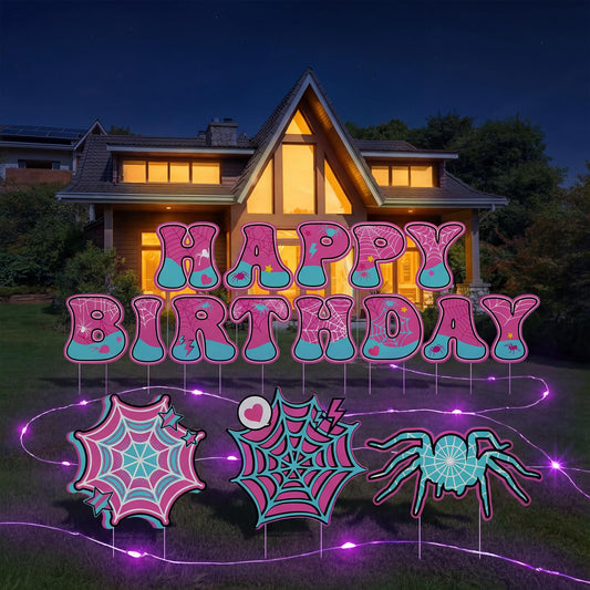 BrightRow 16 Pcs Spider Birthday Decorations Happy Birthday Yard Signs with Stakes and Lights 13" Weatherproof Yard Sign for Halloween Theme Outdoor Lawn Decor