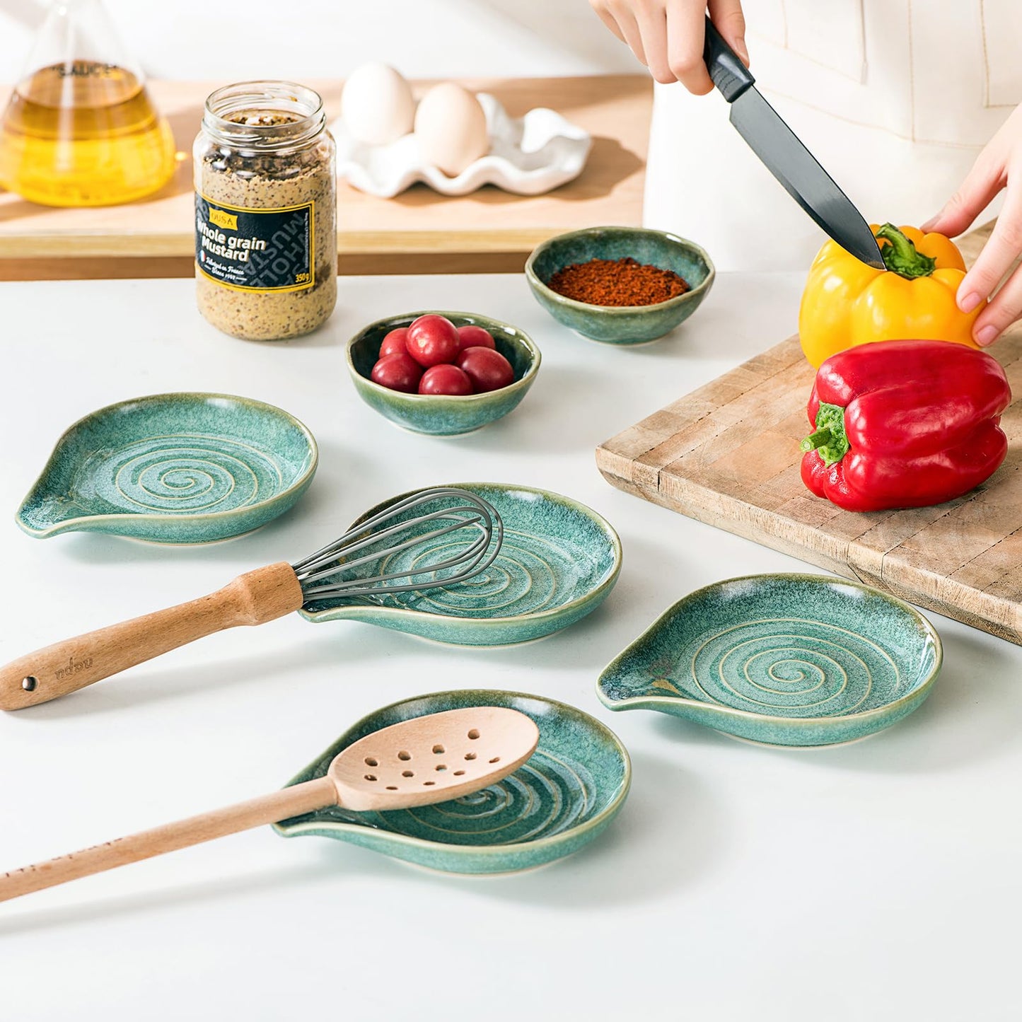 Ceramic Spoon Rest Set of 4, Reactive Glaze Spoon Holder for Stove Top & Kitchen Counter, Large Spoon Rest for Cooking Utensils, Spatula Holder, Farmhouse Kitchen Decor