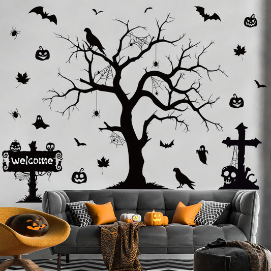 Halloween Spooky Wall Decals Black Tree Branch Wall Sticker Gothic Crow Bats Spider Horror Pumpkin Wall Decor Black Skull Halloween Festival Decoration for Holiday Home Party Classroom Office