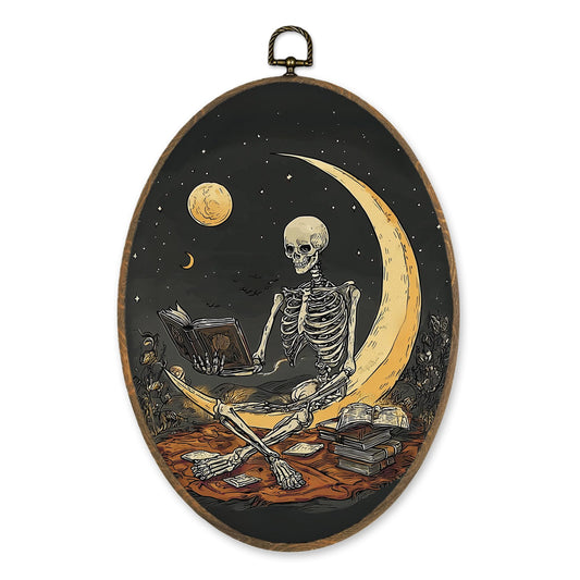 LKETW Vintage Skeleton Reading Oval Wall Art Decor, Skull Oval Canvas Hanging Decor, Moody Gothic Skeleton Wall Decorations for Home Bedroom Reading Room,Book Lover Gift, 8.6x11.4 Inch