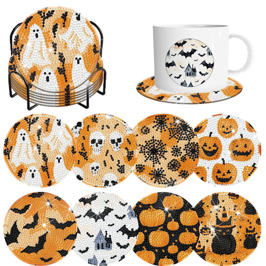 8 Pieces Halloween Diamond Art Coasters with Holder DIY Halloween Diamond Dot Coasters 5d Full Drill Diamond Coasters for Adults Halloween Diamond Painting Kits Supplies for Gift
