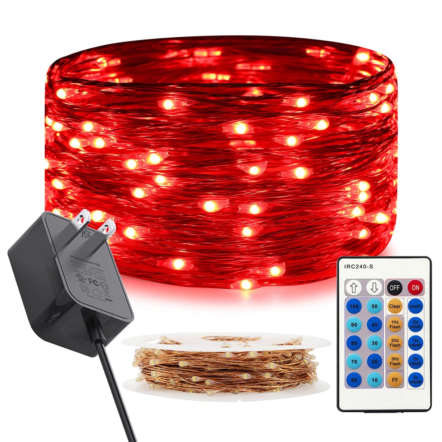 RUICHEN Dimmable Copper Wire 33 Ft 100 LED Fairy String Lights Plug in with Remote, Red