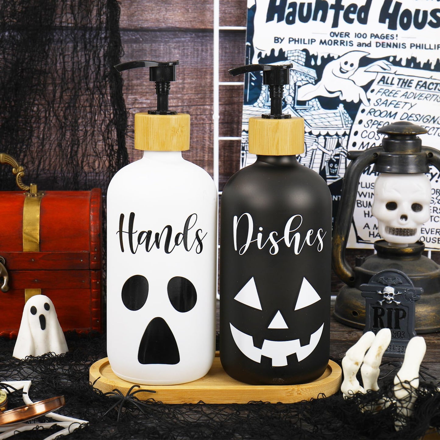 JarThenaAMCS 2Pcs Halloween Soap Dispenser Ghost Pumpkin Face Hand and Dish Glass Dispenser with Pump 16 Oz Refillable White Black Liquid Soap Container for Kitchen Bathroom